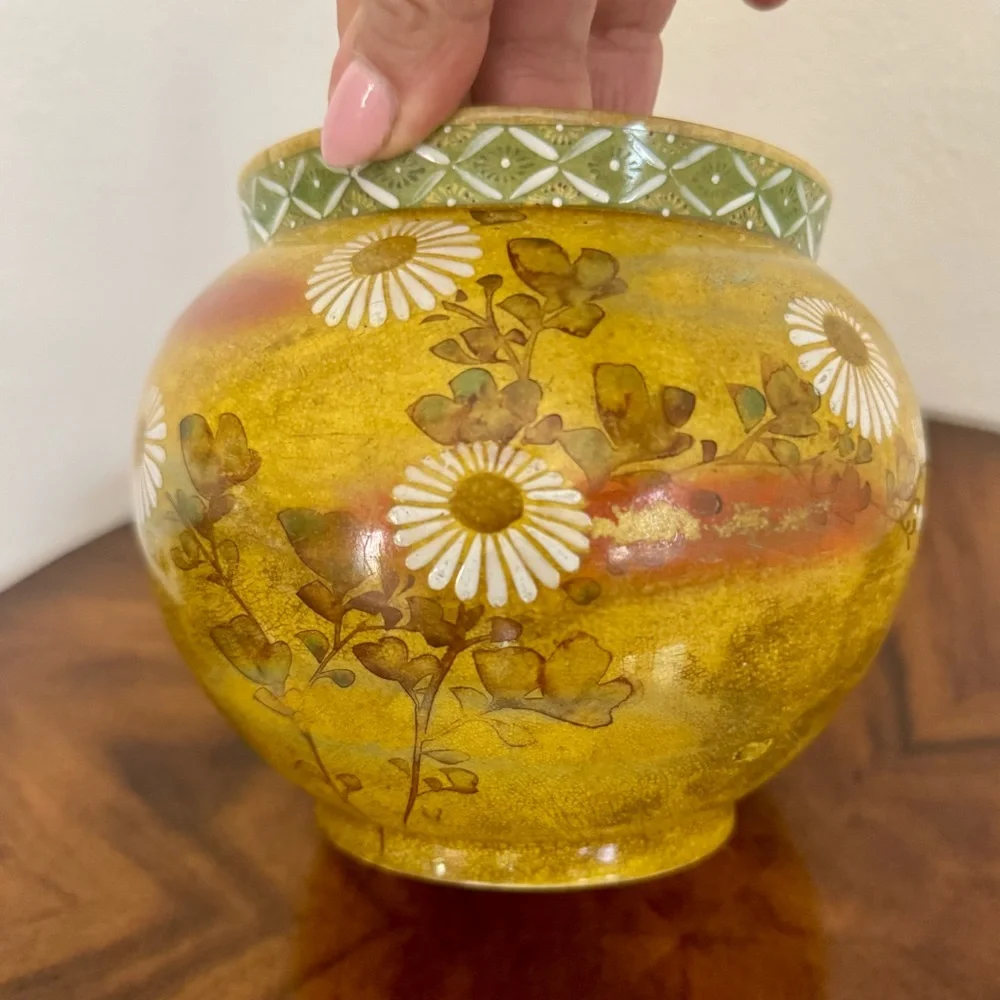 Antique Japanese Ceramic Planter Hand Painted Floral Decoration 5 1/2” - Picture 7 of 12